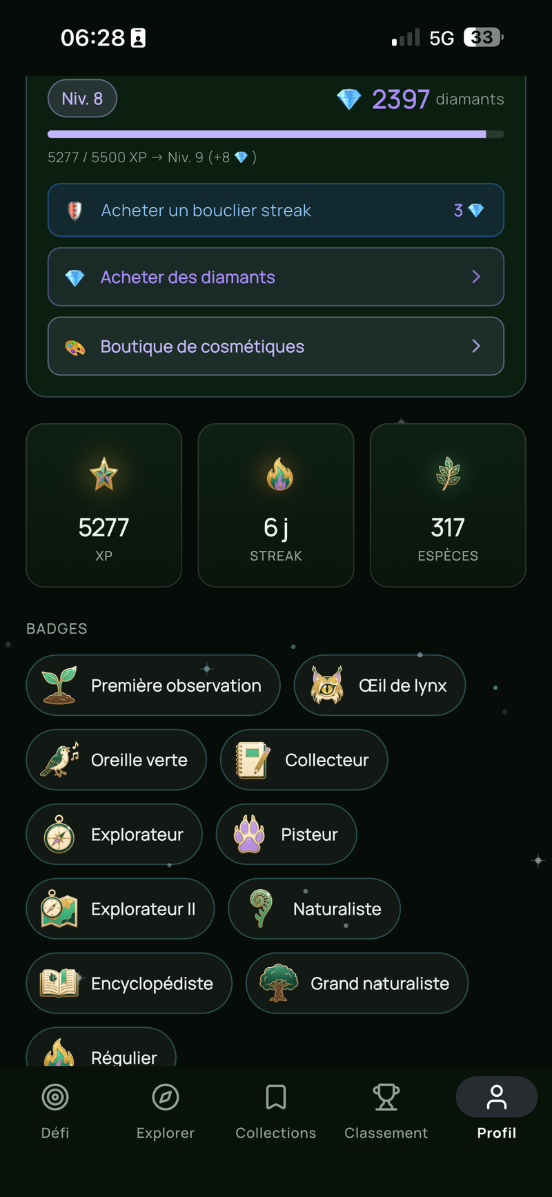 Profil : badges obtenus et récompenses