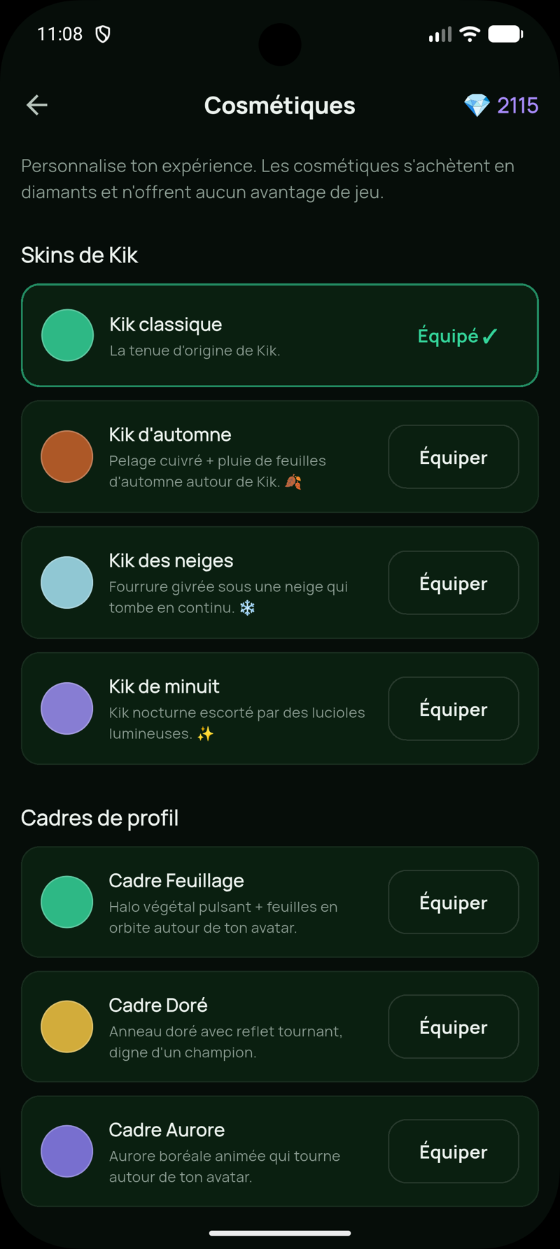 Boutique de cosmétiques : skins de Kik