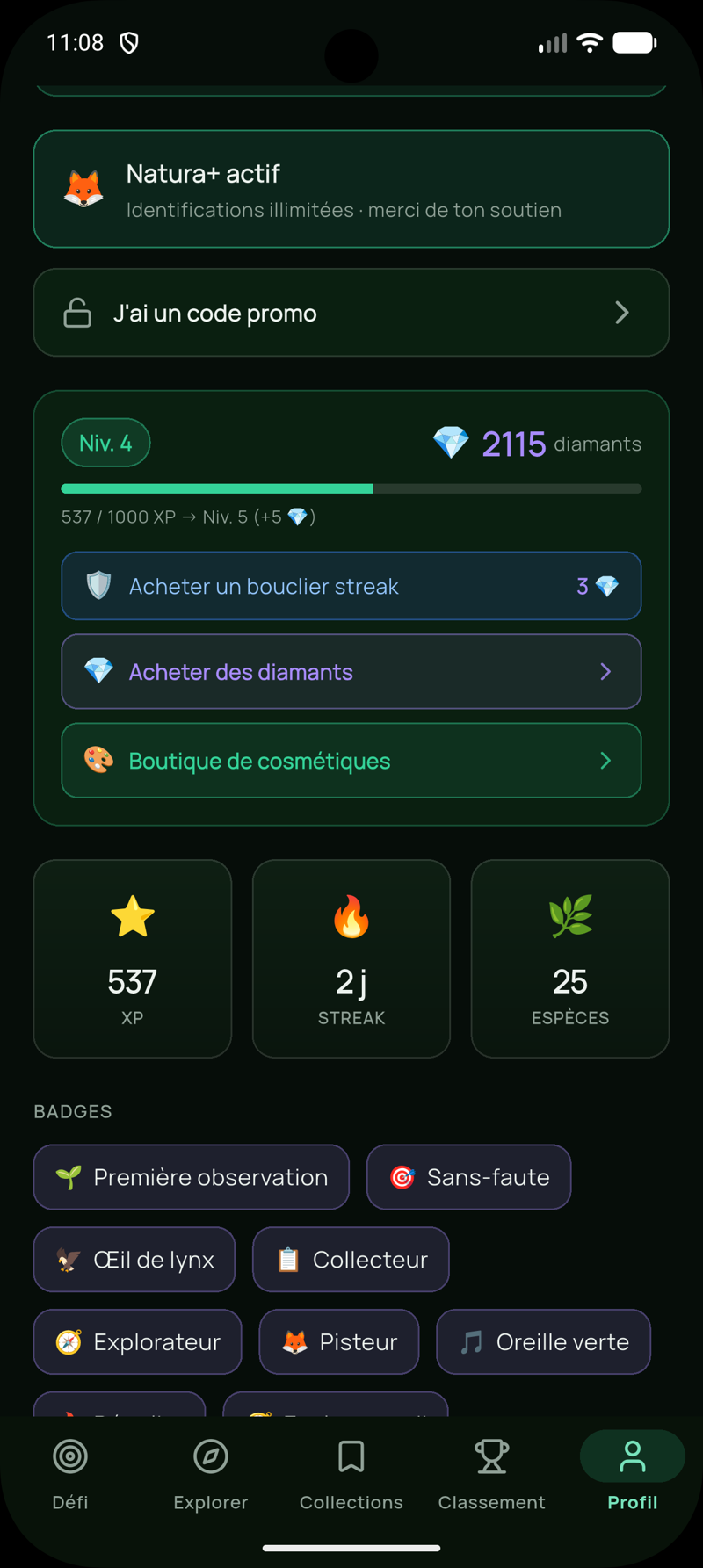Profil : niveau, XP, diamants, badges et streak