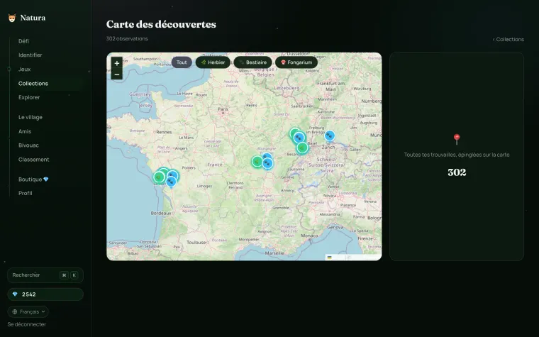 Carte des découvertes au navigateur : chaque espèce épinglée là où elle a été trouvée