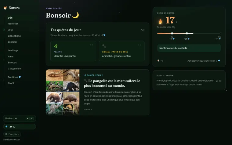 Accueil de Natura au navigateur : série en cours, quêtes du jour et fait du jour